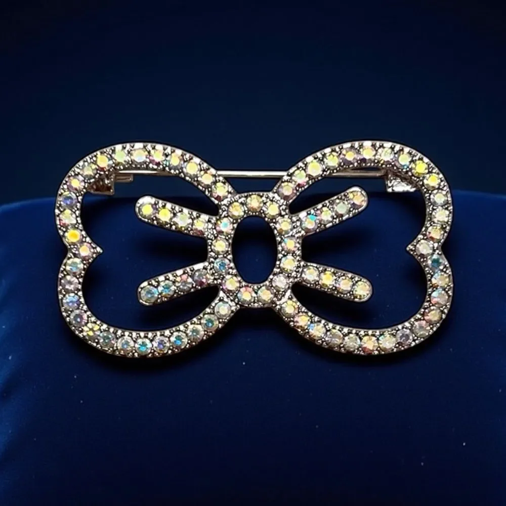 Elegant Silver Iridescent Crystals Bow Brooch
